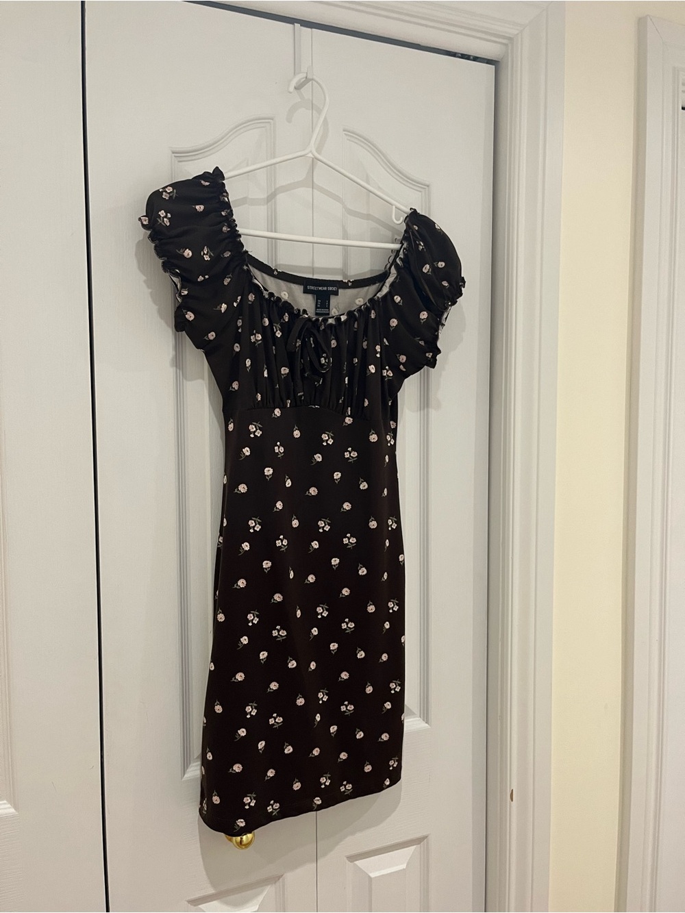 Urban Planet Black Mini Dress with White Floral Print and Puff Sleeves